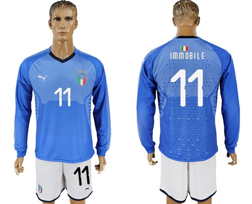 Italy #11 Immobile Blue Home Long Sleeves Soccer Country Jersey